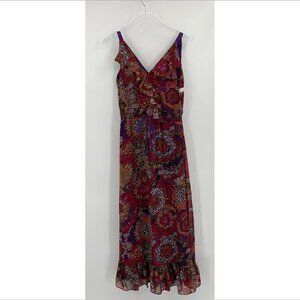Pure Sugar chiffon ruffle maxi midi dress floral purple wine new XS X-Small